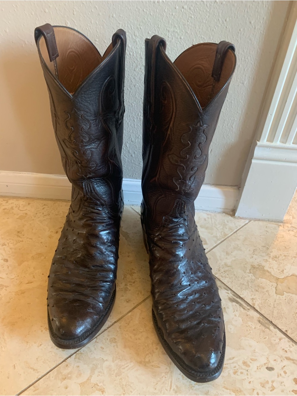 Lucchese Dark Brown Ostrich Print Leather Western Cowboy Boots